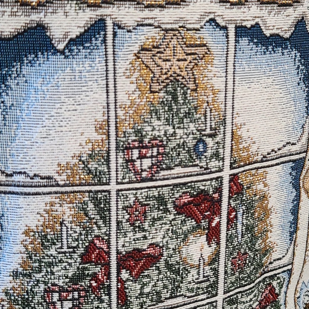 Christmas Throw Pillow Tree Scene Joy Season Burgundy Gold Lamé 12 x 16 Vintage - Picture 3 of 9